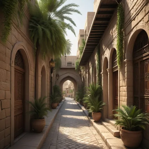 Prompt: Close-up. Rich colors, intense sharpness, 8K resolution. A 3D rendering shows a narrow alley in a historic Baghdad neighborhood, with houses decorated with lush Iraqi greenery. Full of intricate details, the picture is incredibly realistic, in ultra-high definition (UHD) and 8K quality.The warm sunlight filters through the canopy of date palms, casting dappled shadows on the ancient cobblestone path. The intricate tile work on the arched doorways gleams in the light, showcasing the skilled craftsmanship of the local artisans. As the camera slowly pans down the narrow alley, the viewer is enveloped in the sights and sounds of this vibrant neighborhood, a true feast for the senses. This immersive 3D rendering brings to life the essence of Baghdad, capturing a moment frozen in time with stunning clarity and precision, truly a masterpiece of digital artistry.