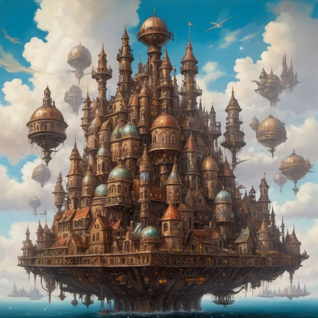 Prompt: An enormous floating city in the sky, steampunk style with lots of towers and domes, oil painting, fantasy art, detailed 