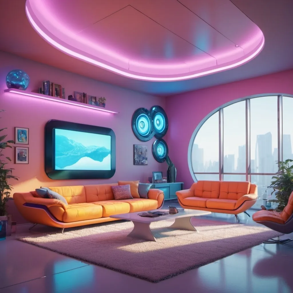 Prompt: colorful futuristic living room, concept art, fine art, very detailed, very realistic, octane render, 8k, unreal, soft light