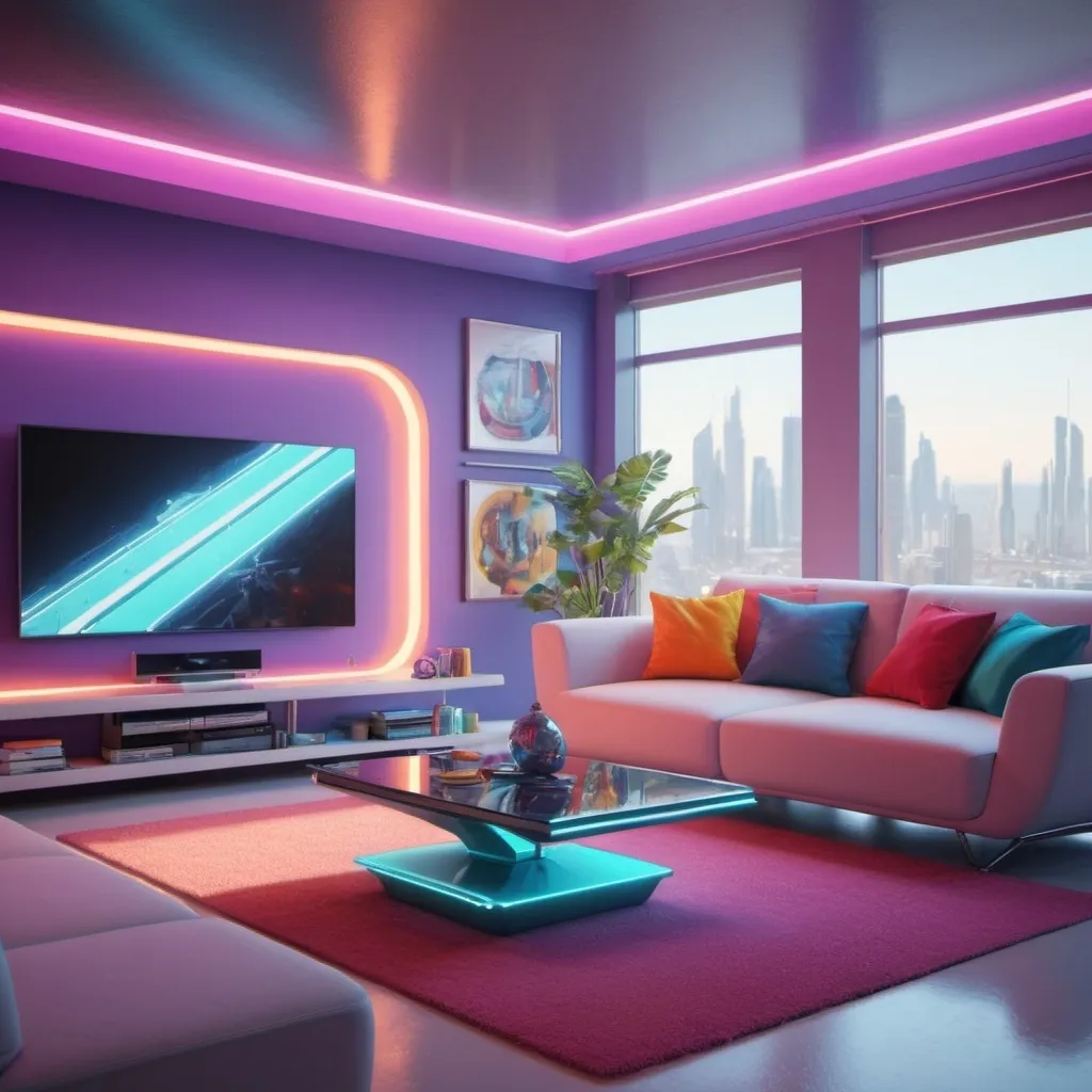 Prompt: colorful futuristic living room, concept art, fine art, very detailed, very realistic, octane render, 8k, unreal, soft light