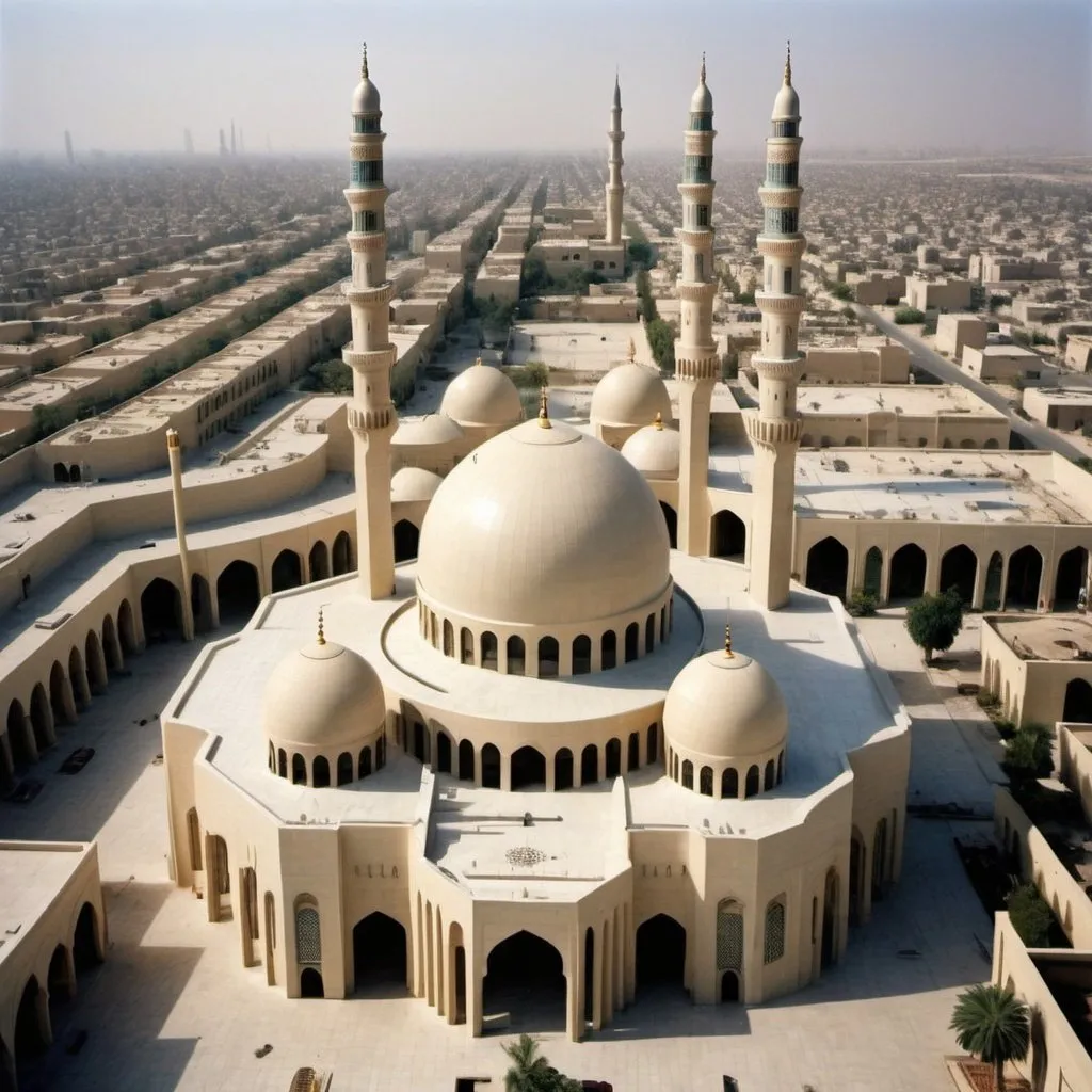 Prompt: Grand mosque in Baghdad with architect Robert Venturi style, one dome, two minarets, colonnaded arcade with Islamic crown capitals, bird's eye view
