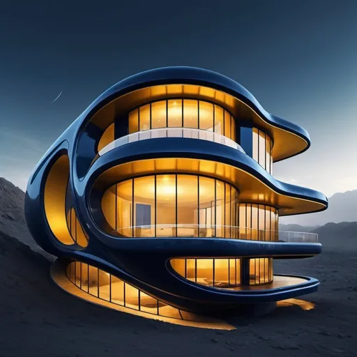 Prompt: a futuristic house in the year 2222, curved lines of walls, golden color wall and dark blue glass of windows