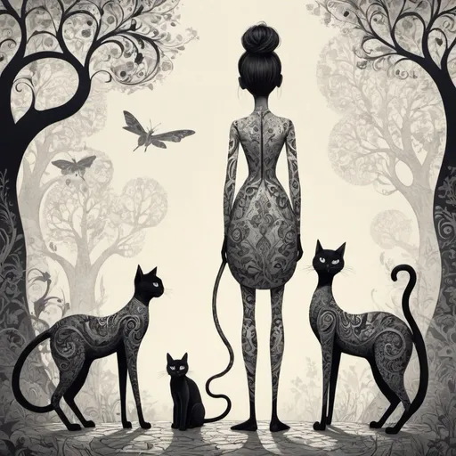 Prompt:  Imagine you are in a world where people and animals have been transformed by magic, taking on exaggerated and elongated forms. Create an illustration of a character with impossibly long legs and a petite head, her hair twisted into an intricate bun. She stands beside her companion, a tall cat marked with bold patterns, as they both gaze into the distance. Capture the essence of their unique bond and the surreal beauty of their existence in your artwork.