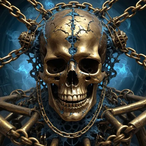 Prompt: Fractal, surreal, digital art, fantasy designs, skulls made of crusty brass, passionate screams, with faces full of fractal accents that are so complicated but beautiful, iron chains binding both hands are torn apart, mechanical structures and barbed wire interlock wrapped around, golden lava splashes around him,
radiating blue smoke, HDR, 3D, sharp light, proportional light