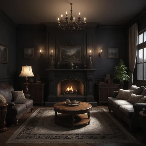 Prompt: Traditional living room, concept art, fine art, very detailed, very realistic, dark render, 8k, unreal, dark light