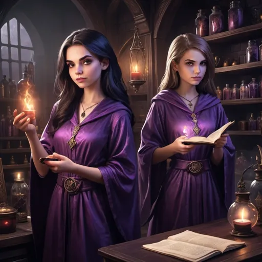 Prompt: Princesses turned apprentices! In eerie robes, mastering dark arts in a spellbinding potion room. Magic meets mystery! 