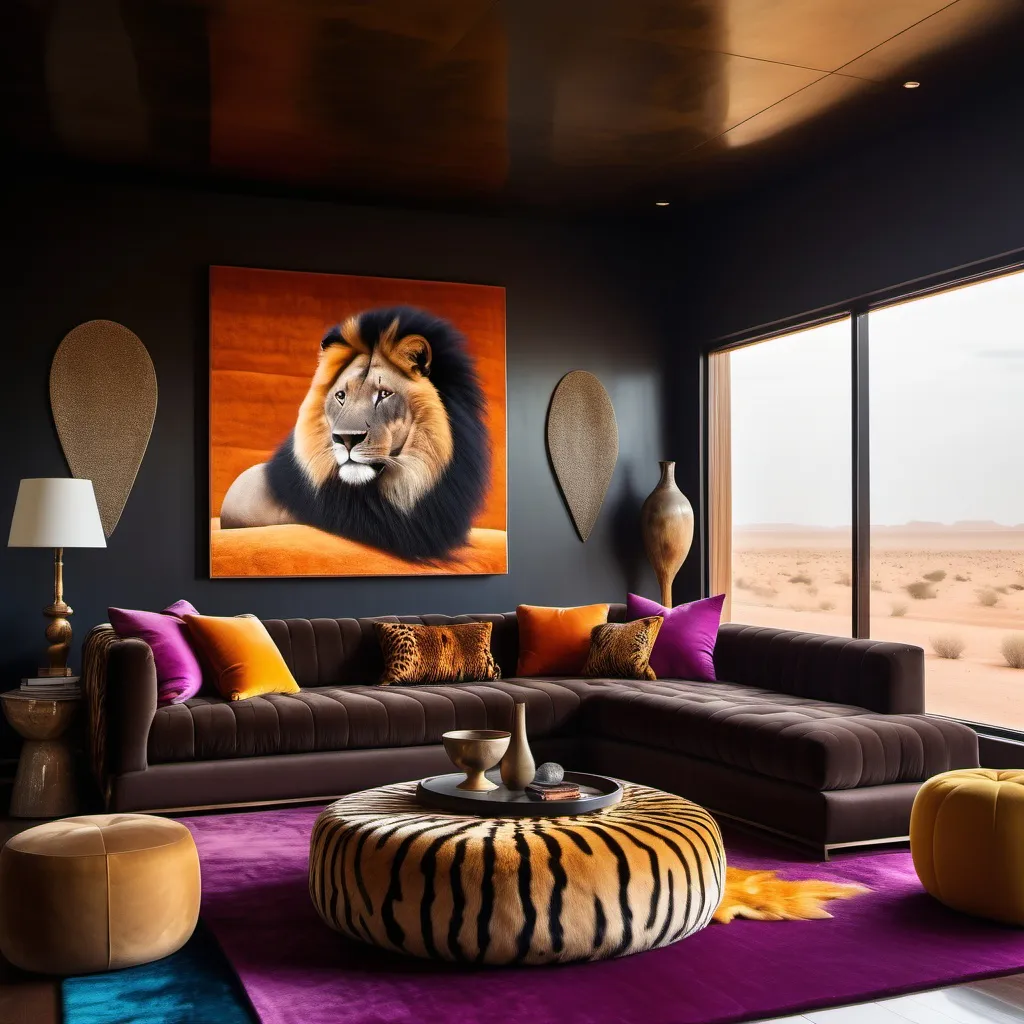 Prompt: a flat in the African Sahara’s, Sudan modern eclectic style living room and lounge with exotic fur, ipe features, large expansive picture window velvet sofa. Dark color palette with bright colors here and there
