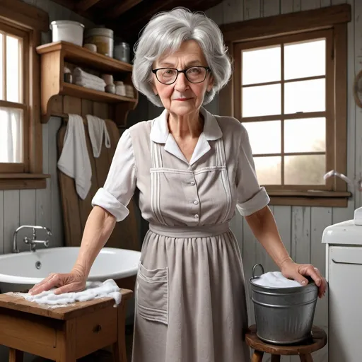 Prompt: 3D illustration with complex and precise lines of a grandmother from the 60s, she has messy grey hair and big glasses, she is wearing a white frilly blouse, a skirt and an apron, in front of her on the old stool is an old washboard made of beech wood and metal in an old zinc tub, she is rubbing an old nightgown on the washboard, around her is some foam dripping from the tub. In the background is an old laundry room