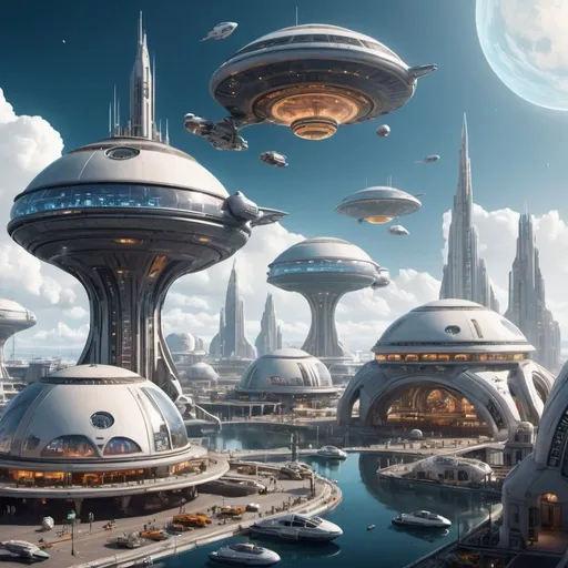 Prompt: A futuristic spaceport city floating in the sky, with spaceships docked at massive domes and buildings shaped like trinkets. Epic in scale with a photorealistic and cinematic style. --ar 2:1