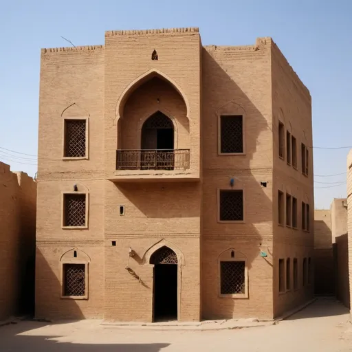 Prompt: a traditional house in Baghdad, Abbasid style, fair face brick work, two floors