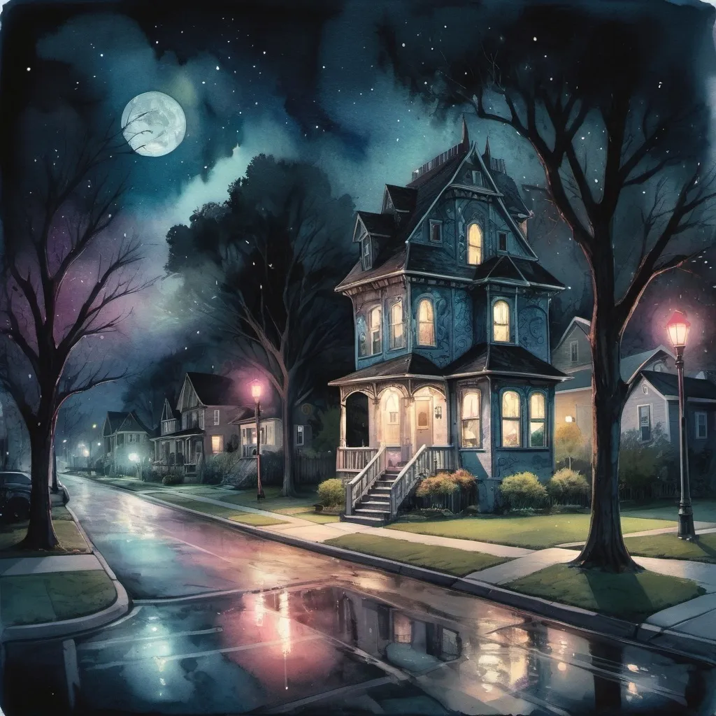 Prompt: An abstract nighttime scene of a neighborhood street with a house on the corner, street lights, trees, fantasy elements, incorporating whimsical and surreal art styles with dark fantasy elements, dramatic lighting, with watercolor and painterly effects, gothic aesthetics, splattered accents, and highly detailed elements, with dreamlike or otherworldly qualities