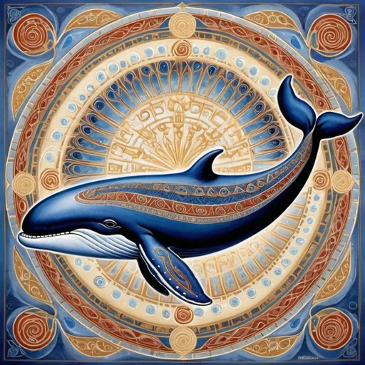 Prompt: Greek whale with motifs throughout, In the style of Alex grey, represent wisdom depth and communication, symbolizing emotional rebirth and the connection to the unconcious, deep blue and aquamarines, golden and white accents to symbolize divine elements and mythology, geometric shapes & patterns, intricate designs, detailed facial features, simple designs.