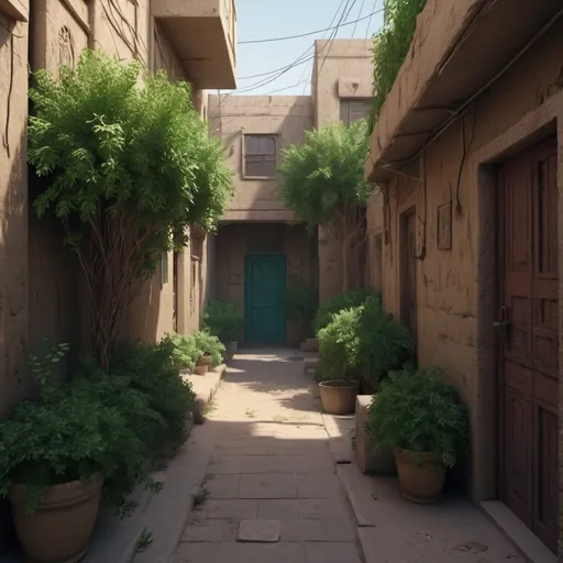 Prompt: Closeup.Rich colors,intense sharp,8K.3D render.A small alley in an old Baghdad town, houses overgrown with Iraqi shrubs, lots of details, photo-realistic, UHD, 8K.