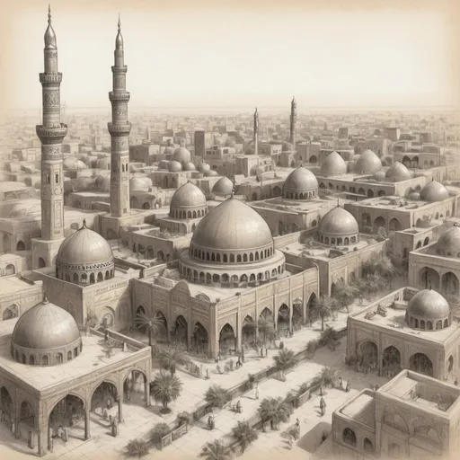 Prompt: A pencil sketch of the historic city of Baghdad, meticulous detail encapsulating the ancient architecture, bustling street-life, notable landmarks like the hanging gardens, observed from a birds-eye view, vibrant urban atmosphere, hand-drawn, authentic, shaded edges, nuanced graphite strokes, vintage charm, rustic buildings, hazy evening, intricate skyline, old-world architecture, layered perspective, intricate detailing.
