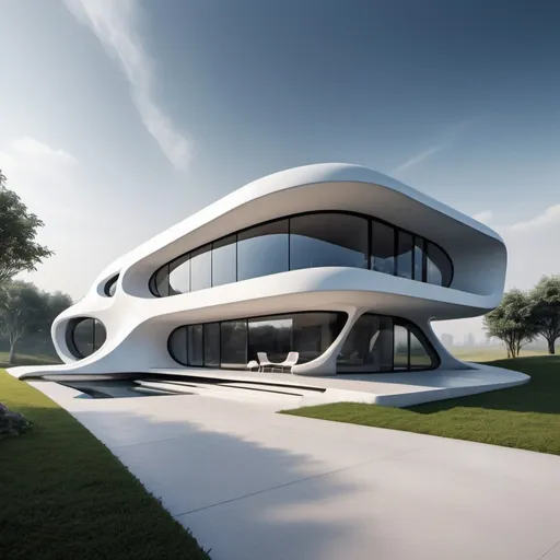 Prompt: Architectural design of futuristic house in the year 2074, modern materials and Technics with realistic photo of building and background, Zaha Hadid Style