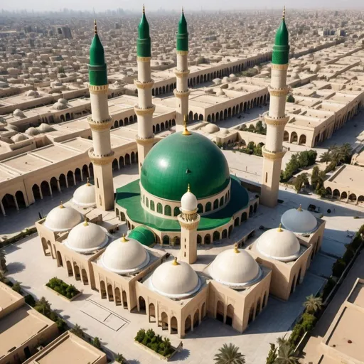 Prompt: Grand mosque in Baghdad with architect Sinan style, one golden dome, two green minarets, colonnaded arcade with Islamic white crown capitals, bird's eye view