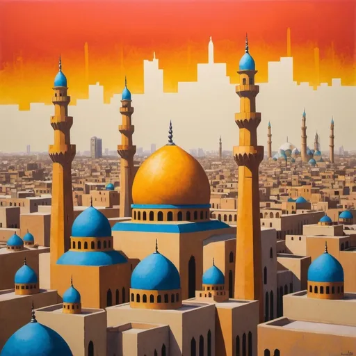 Prompt: A mixed media artwork that blends the bold, opaque qualities of gouache with the textured effects of scumbling in acrylic. The background showcases vivid, solid color blocks painted in gouache, illustrating the urban skyline of Baghdad, with the iconic Mosque Minarets and Domes. Subsequently, the artist incorporates acrylic scumbling to introduce a textured layer that enhances depth and visual appeal, resulting in a weathered and dynamic look for the buildings.