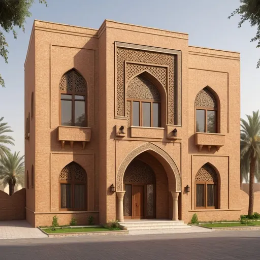 Prompt: Architectural design of traditional Baghdad house, fair-face brickwork elevation, Abbasid style, pointed arch entrance, flat windows, Shansheel in upper floor, detailed brickwork, high quality, architectural rendering, traditional, warm tones, natural lighting