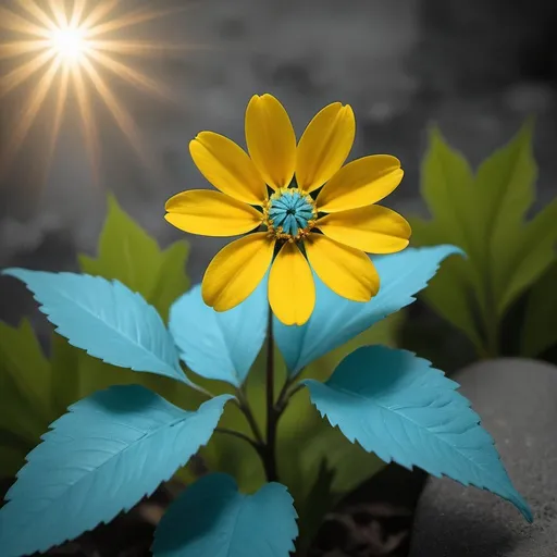 Prompt: A vibrant yellow flower with a prominent cyan center, surrounded by gray leaves. The flower is positioned in the foreground, with a blurred background that includes more green foliage and a hint of a concrete or stone surface. The sunlight appears to be shining from the bottom v right, casting a soft glow on the flower and leaves.
Modded a r-eng of a photo and changed colors 
I L B
