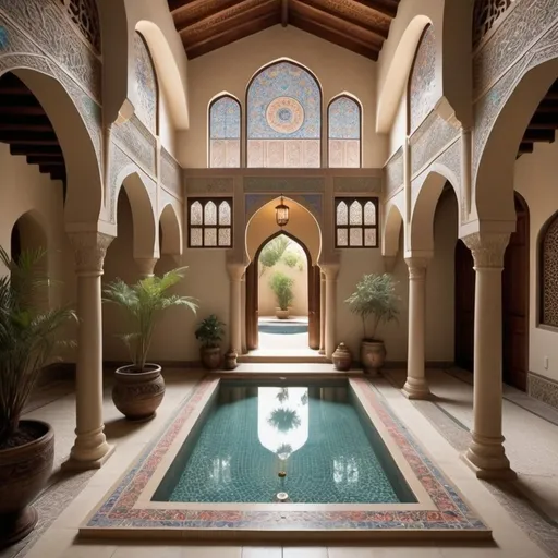 Prompt: Persian house architecture and interior design showcase a harmonious fusion of art and culture, characterized by elegant courtyards often centered around a tranquil water feature, vibrant tilework with geometric and floral motifs, and intricate stucco and wood carvings. High vaulted ceilings, arched doorways, and stained glass windows enhance the play of light and shadow, creating a serene and aesthetically captivating living environment that reflects the rich history and sophistication of Persian craftsmanship.