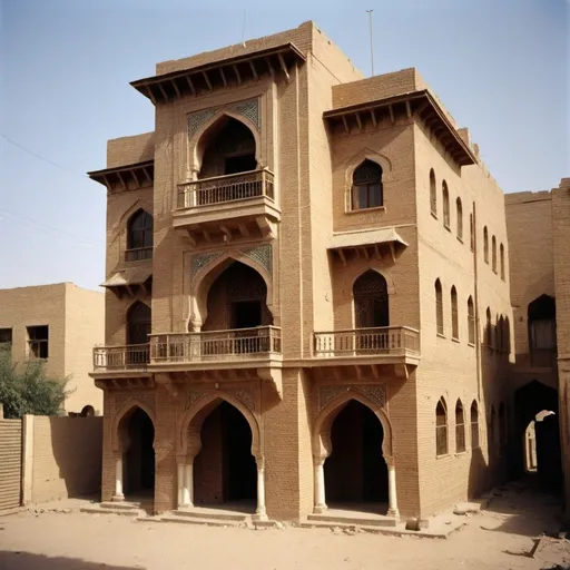 Prompt: a traditional house in Baghdad in 1900, Arabic style, fair face brick work for the ground floor and wooden ornamented grill upper floor, just two floors, no windows in ground floor just an entrance, windows in upper floor pointed arches, small, natural materials, light and shadows 