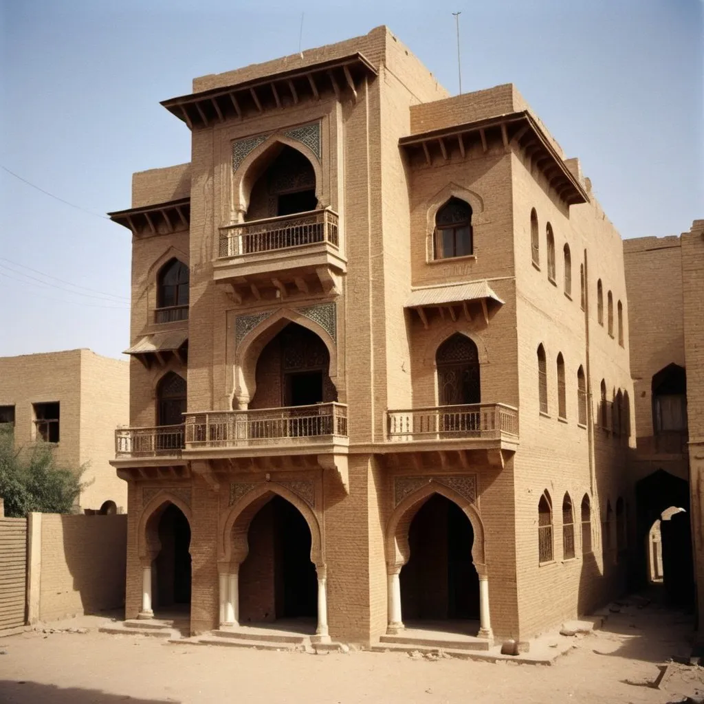 Prompt: a traditional house in Baghdad in 1900, Arabic style, fair face brick work for the ground floor and wooden ornamented grill upper floor, just two floors, no windows in ground floor just an entrance, windows in upper floor pointed arches, small, natural materials, light and shadows 