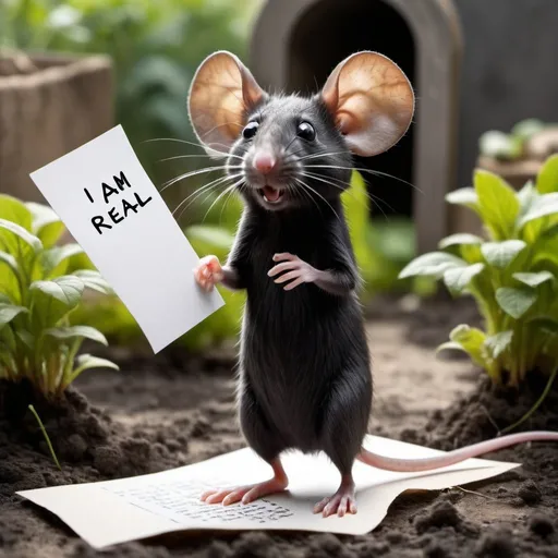 Prompt: A big black mouse with tall tail with  real appearance standing straight and holding a piece of paper written in it "I am not real" with a background of dirty garden