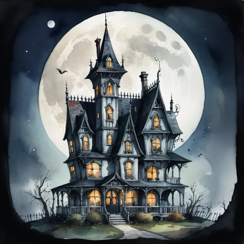 Prompt: a whimsical and surreal, tall, skinny, crooked haunted house with gothic elements, dramatic lighting, creepy atmosphere, painterly watercolor, and a full moon in the background