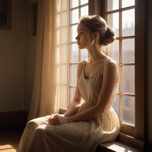 Prompt: A high-resolution, photorealistic image of a young woman sitting on the ledge of a window in a dimly lit room. The scene is bathed in warm, golden sunlight streaming through the window, creating a soft, ethereal atmosphere. The woman has her hair tied up in a loose bun, sitting with a straight, elegant posture, and wearing a delicate, flowing dress that catches the light beautifully. She is looking outside the window with her face turned slightly so that a bit of her profile is visible, as if she is waiting for something or someone. The room features elegant curtains and wooden floors, with dust particles visible in the sunlight, adding to the serene and nostalgic mood. The image should evoke a sense of anticipation and contemplation.