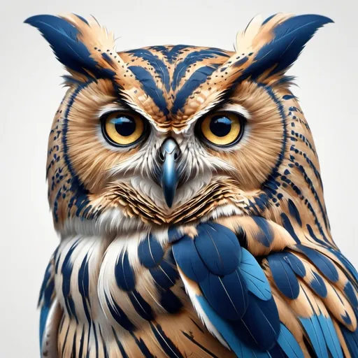 Prompt: Generate an ultra detailed, multi-layered owl with big blue eyes and different shades of blue throughout on a clean white background.