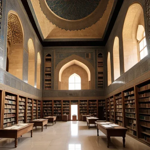 Prompt: The House of Wisdom (Arabic: بَيْت الْحِكْمَة Bayt al-Ḥikmah), also known as the Grand Library of Baghdad, was believed to be a major Abbasid-era public academy and intellectual center in Baghdad. In popular reference, it acted as one of the world's largest public libraries during the Islamic Golden Age,[1][2][3] and was founded either as a library for the collections of the fifth Abbasid caliph Harun al-Rashid (r. 786–809) in the late 8th century or as a private collection of the second Abbasid caliph al-Mansur (r. 754–775) to house rare books and collections of poetry in the Arabic language. During the reign of the seventh Abbasid caliph al-Ma'mun (r. 813–833), it was turned into a public academy and a library.[1][4]