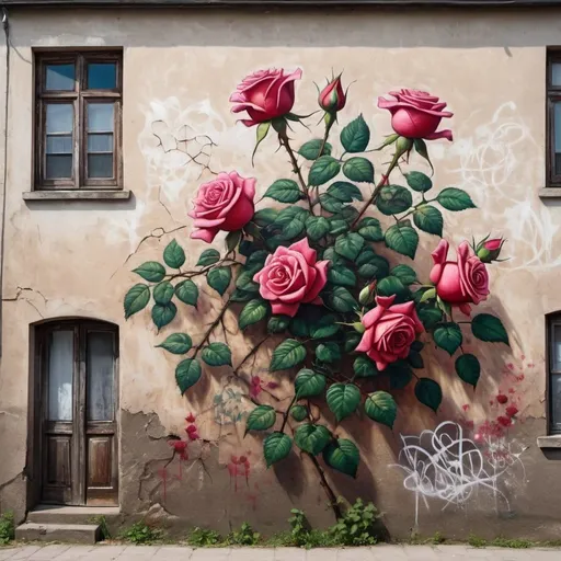 Prompt: A rose bush grows on an old house big wall. it climbs up and turns into a rose painting. Street painting,  graffiti,  dramatic athmosphere