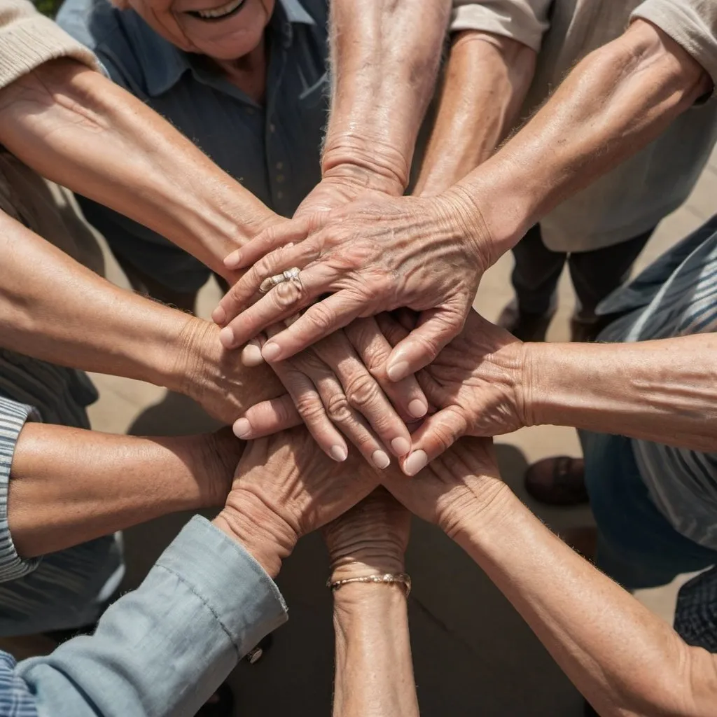 Prompt: Top view of a group of old friends standing in a circle, holding hands to showcase the strength of their friendship, offering a full and photo-realistic view.The sunlight glinted off their silver hair, highlighting the laughter lines etched into their faces from years of shared joy and memories. Each hand clasped firmly in another, a gesture that spoke volumes about the unbreakable bond they had formed over the decades. As they stood there, eyes twinkling with love and camaraderie, it was clear that time had only strengthened their friendship, making it truly timeless.