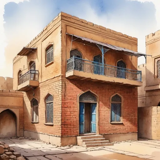 Prompt: Traditional house in Baghdad, Abbasid style architecture, captured in natural light during daytime, watercolor painting, sketched by hand, portraying dynamic lighting effects on the edifice, sun casting soft shadows and contrasts, vibrant hues of historic bricks and wooden accents, digital painting, ultra clear, highly detailed