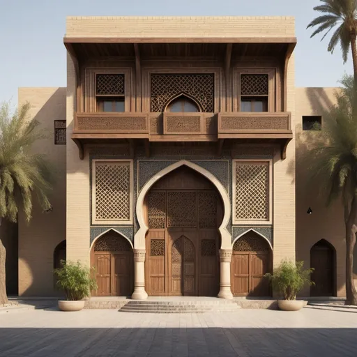 Prompt: Architectural Design of a traditional house in Baghdad with two floors and fair face brick work, main entrance is semi-circle Islamic arch in ground floor, and second floor built with wooden and square windows covered with timber ornamented grills, first floor set front as cantilever over ground floor, shade and shadows with real colors