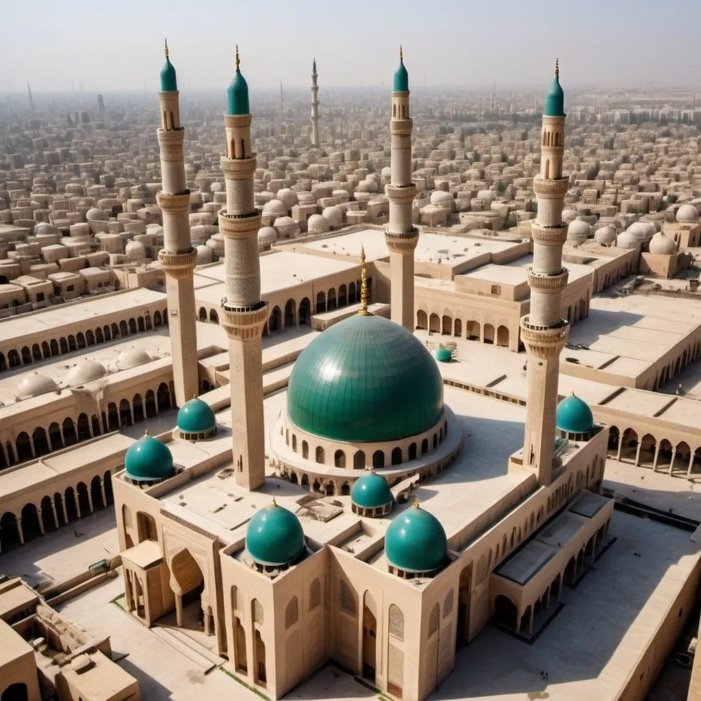 Prompt: Grand mosque in Baghdad with Islamic style, one dome, two minarets, colonnaded arcade with Islamic crown capitals, bird's eye view