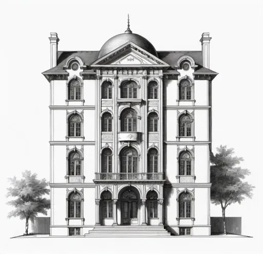 Prompt: a drawing of elevation of a two floors house with main entrance in center with arch shape, and two windows in upper floor with Arabesque ornamrntation