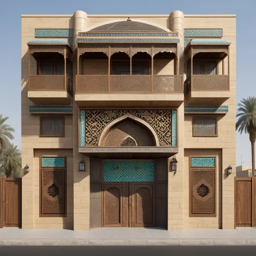 Prompt: Architectural Design of a traditional house in Baghdad with two floors and fair face brick work, main entrance is semi-circle Islamic arch in ground floor, and second floor built with wooden and square windows covered with timber ornamented grills, first floor set front as cantilever over ground floor, shade and shadows with real colors, balconies in first floor covered with ornamented screens