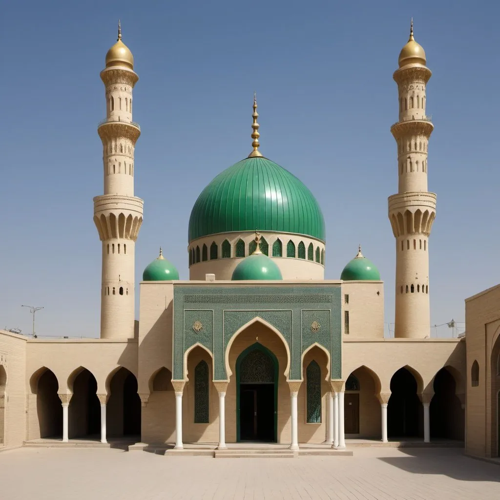 Prompt: a small mosque in Baghdad with Arabic style, one golden dome, two green minarets, colonnaded arcade with Islamic white crown capitals, fair face brick work with pointed arches