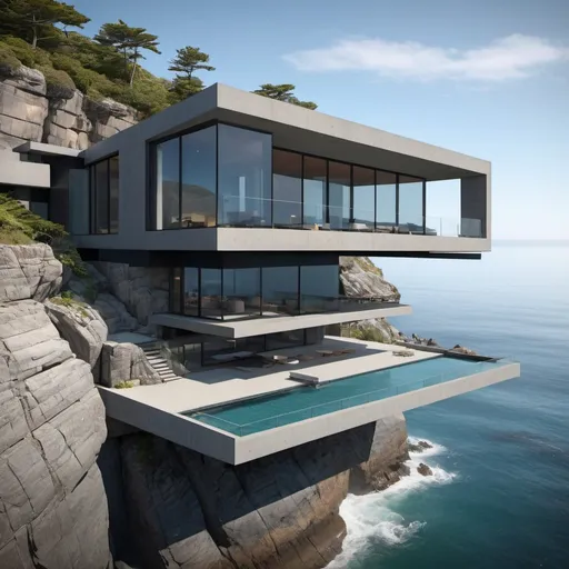 Prompt: imagine an architectural visualization of an innovative cantilevered home suspended over a rocky cliff, overlooking a serene ocean. Highlight the seamless integration of glass, steel, and concrete in this modern masterpiece. Set your professional camera to aperture priority mode, f/8, ISO 200, and use a wide-angle lens to emphasize the suspended structure. –v 5.1