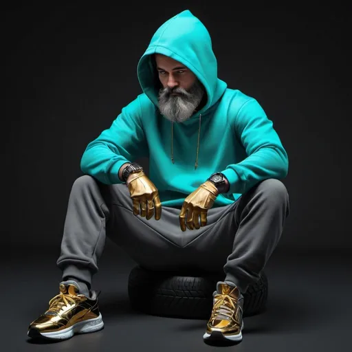 Prompt: Generate an image in 8K resolution and ultra realistic of a person sitting with legs apart on a dark background, wearing a turquoise hoodie tracksuit with the hood up, obscuring the face, with a long gray beard visible from under the hood, wearing black gloves adorned with golden watches and rings, and gray sneakers, sitting on a black tire.