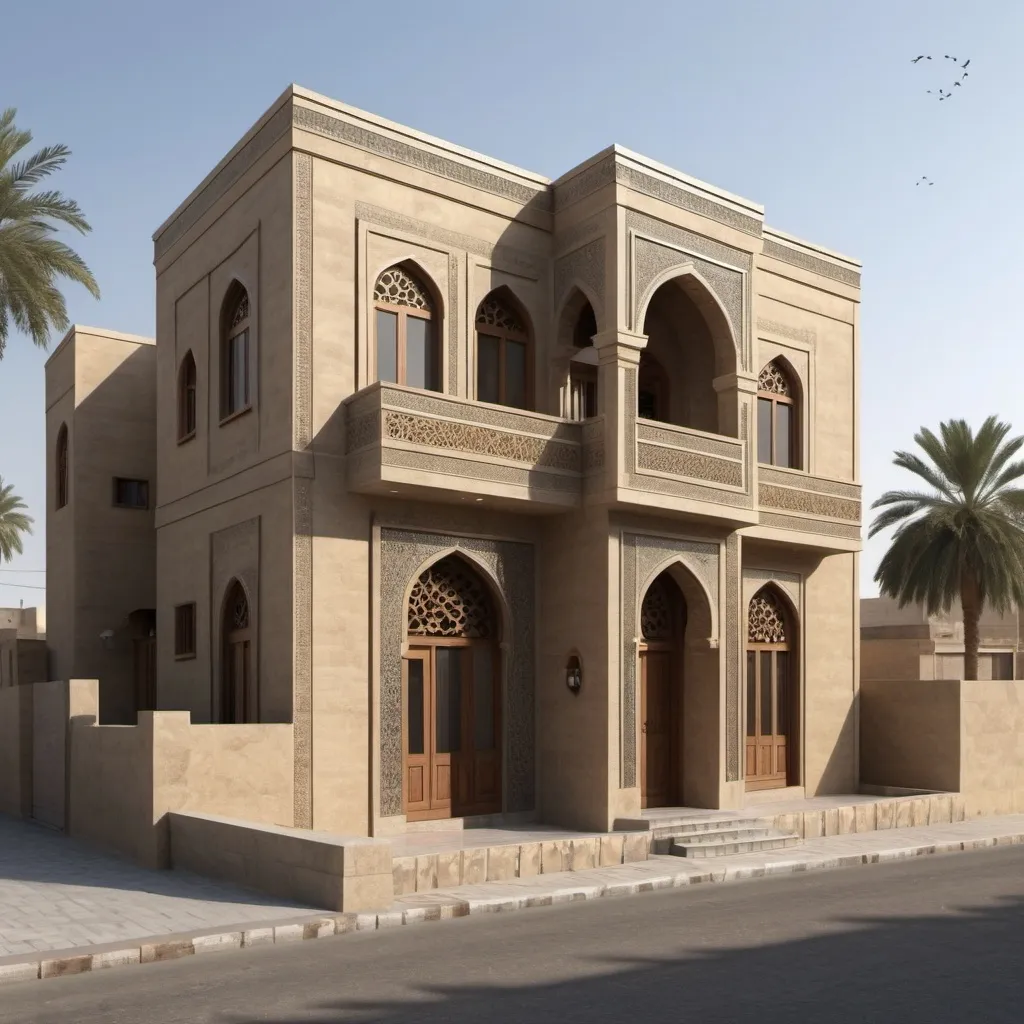 Prompt: Architectural Design of a Traditional House in Baghdad in Islamic Style. The house has two floors with a main entrance as an arched door. Ground floor windows are squares, while upper windows are narrow arched windows. Display the full elevation realistically in high resolution.As an AI, I am unable to generate images or visual content like architectural designs. You may want to consult with an architect or a professional designer to create a realistic high-resolution elevation of the traditional house in Baghdad in Islamic style as described.