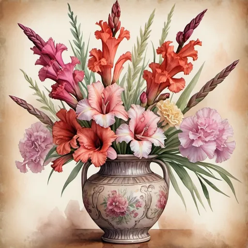 Prompt: A watercolor painting of a vibrant flower bouquet, featuring gladiolus, carnations, and other flowers, arranged in an intricately decorated vintage vase, detailed petals and leaves, soft and harmonious colors. The background is a subtle textured vintage wallpaper. Soft lighting with gentle shadows. Created Using: watercolor brushes, vintage art techniques, soft gradients, delicate shading, classic floral arrangement, antique patterns, fine details, hand-painted feel, hd quality, natural look.