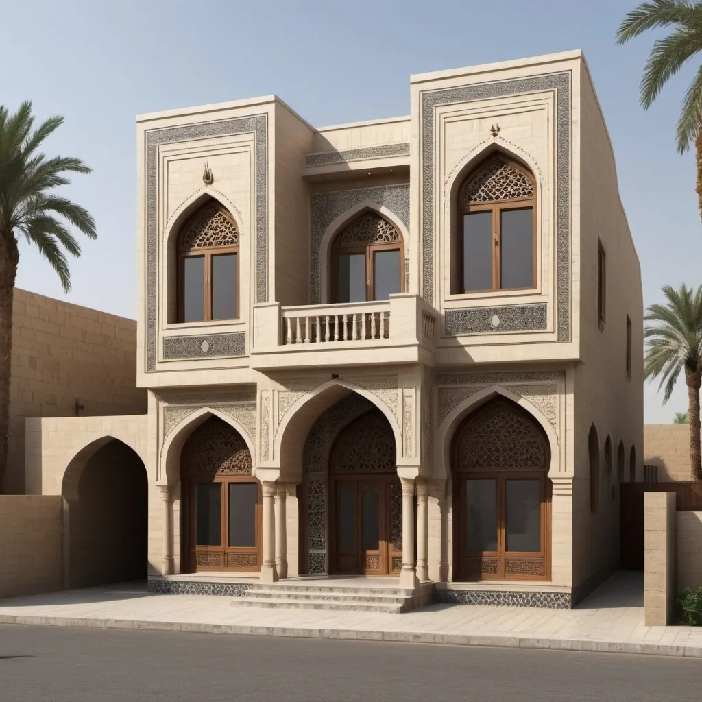 Prompt: Architectural Design of a Traditional House in Baghdad in Islamic Style. The house features two floors with a main arched entrance. Ground floor windows are square, while upper windows are narrow and arched. To visualize the full elevation realistically in high resolution, consulting with an architect or designer skilled in creating architectural designs is recommended.The architect or designer will be able to capture the intricate details of the traditional house in Baghdad, including its Islamic-style elements, and present a visually stunning and accurate representation of the elevation. By consulting with a professional in architectural design, you can ensure that your vision for the traditional house is brought to life with precision and creativity.