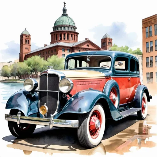 Prompt: Old design from the 1930's of the car Dodge drawn by water  colors, full view and buildings as background