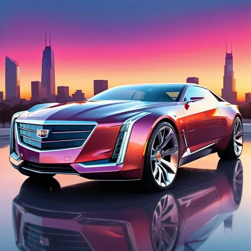 Prompt: Cadillac concept vehicle, sleek contours, watercolor interpretation, blending metallic and neon hues, dynamic yet smooth shapes, incorporated futuristic elements, blurring lines between automobile design and high-tech aesthetics, reflected on glass surface below, soft gradient sky in the background, wash technique, render complex reflections on the car's surfaces, abstract cityscape silhouette, soft color bleeding, digital painting.