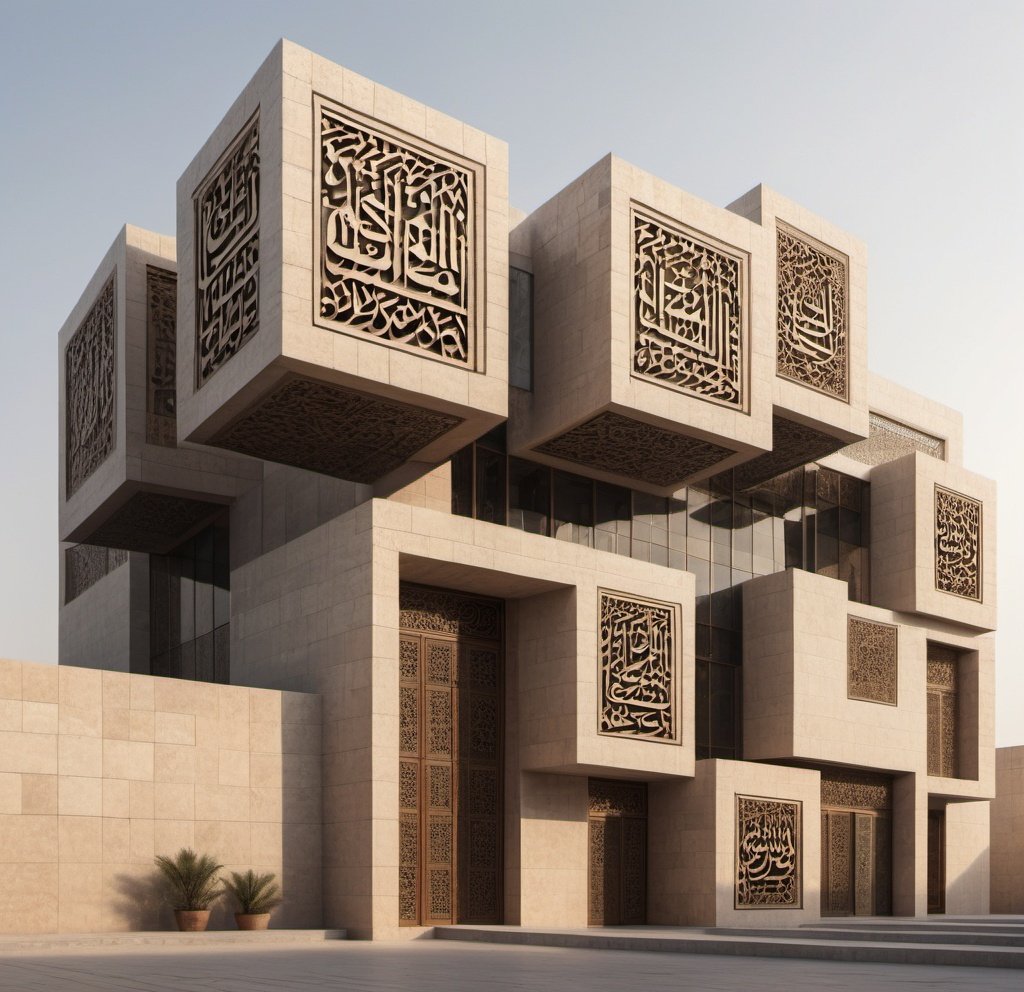 Prompt: Architectural design of a building gathering many cubes with ornamentation of Arabic calligraphy as windows and openings