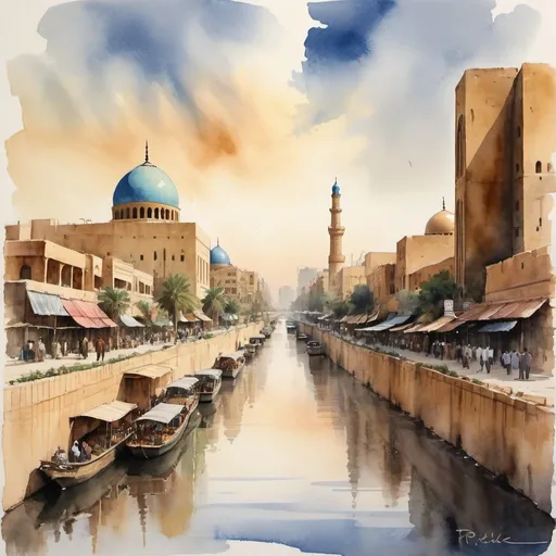 Prompt: Freehand watercolor painting of Baghdad cityscape, captured by a broad brush with a focus on architectural landmarks, soft color blending, reflections shimmering in the Tigris River, skies filled with swiftly moving clouds, shadows and light playing across historic facades, lively street scenes, vibrant marketplaces, warm earthy tones, tranquil duckings in narrow alleys, canvas texture visible, spontaneous drips, Trade Winds