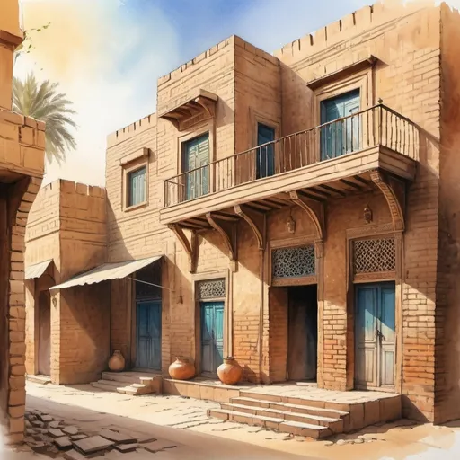 Prompt: Traditional house in Baghdad, Abbasid style architecture, captured in natural light during daytime, watercolor painting, sketched by hand, portraying dynamic lighting effects on the edifice, sun casting soft shadows and contrasts, vibrant hues of historic bricks and wooden accents, digital painting, ultra clear, highly detailed
