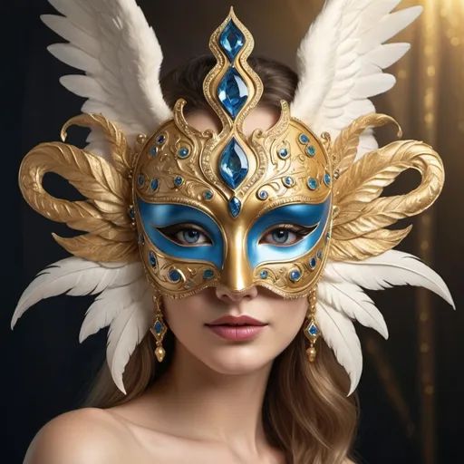 Prompt: Create a realistic picture of Golden venetian mask with Blue diamonds around the eyes and swan's wings around the head
